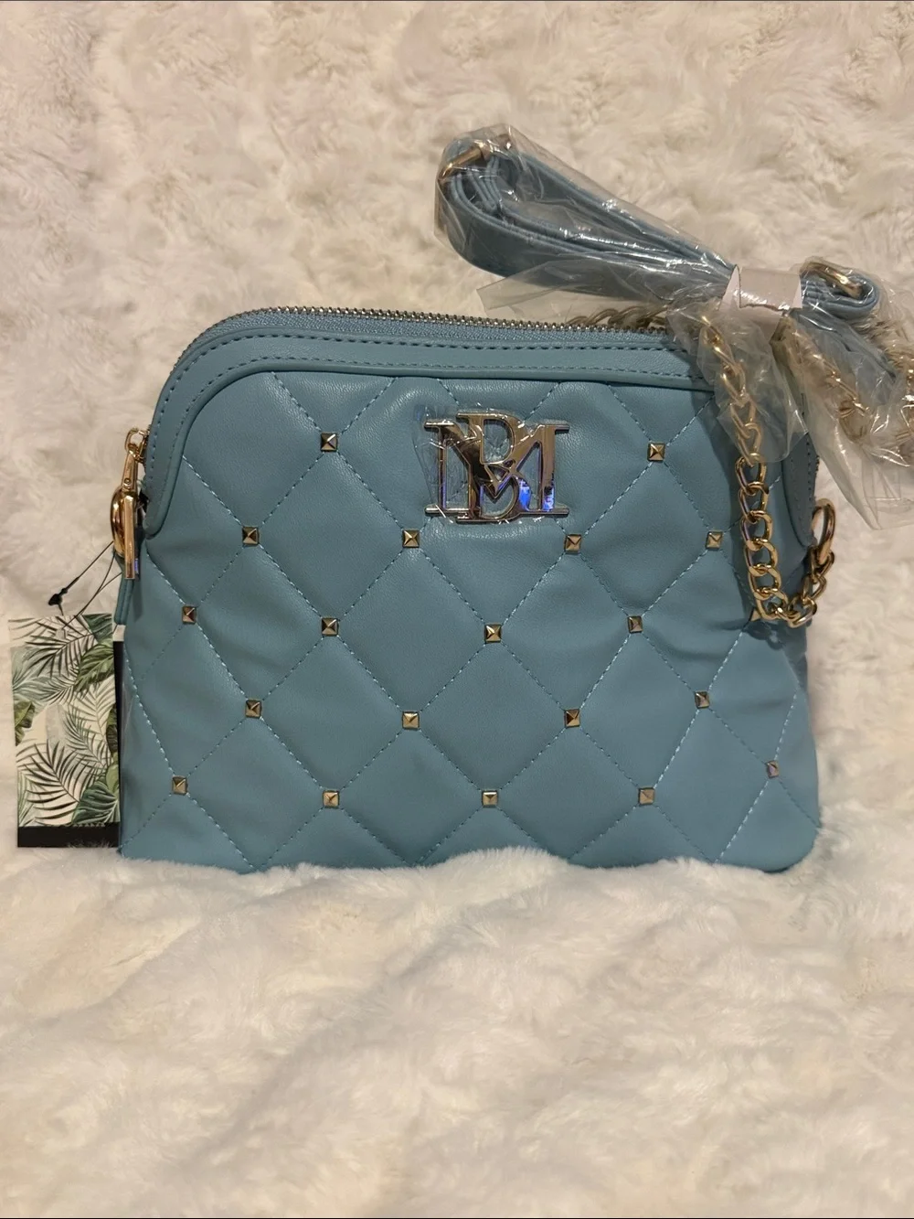 Badgley Mischka Quilted Light Blue Crossbody with Gold Hardware